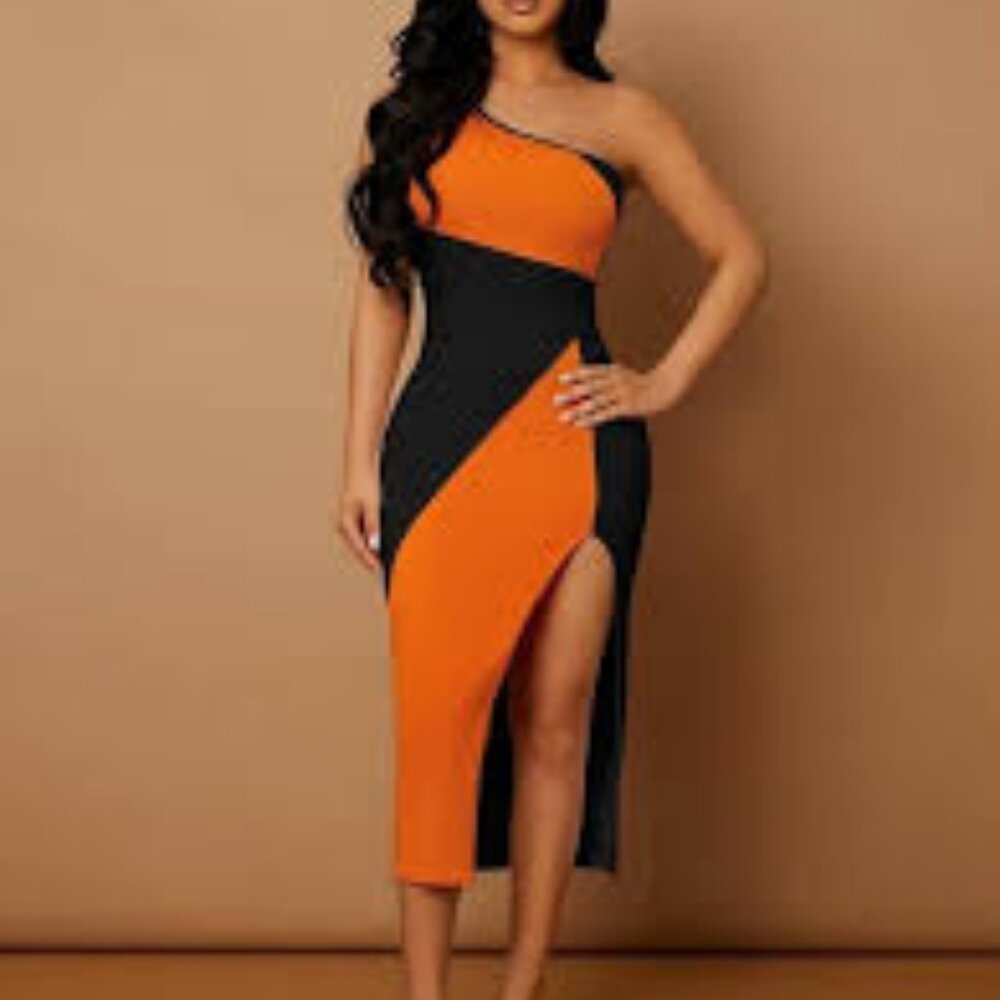 Shein Sxy Size L Orange & Black One Shoulder High Split Colorblock Dress, New